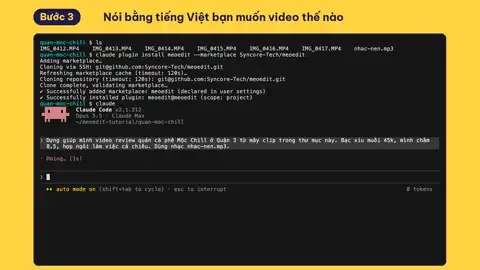 Demo template hướng dẫn: màn hình Claude Code trong khung bo góc, nhãn Bước 4, 5, 6