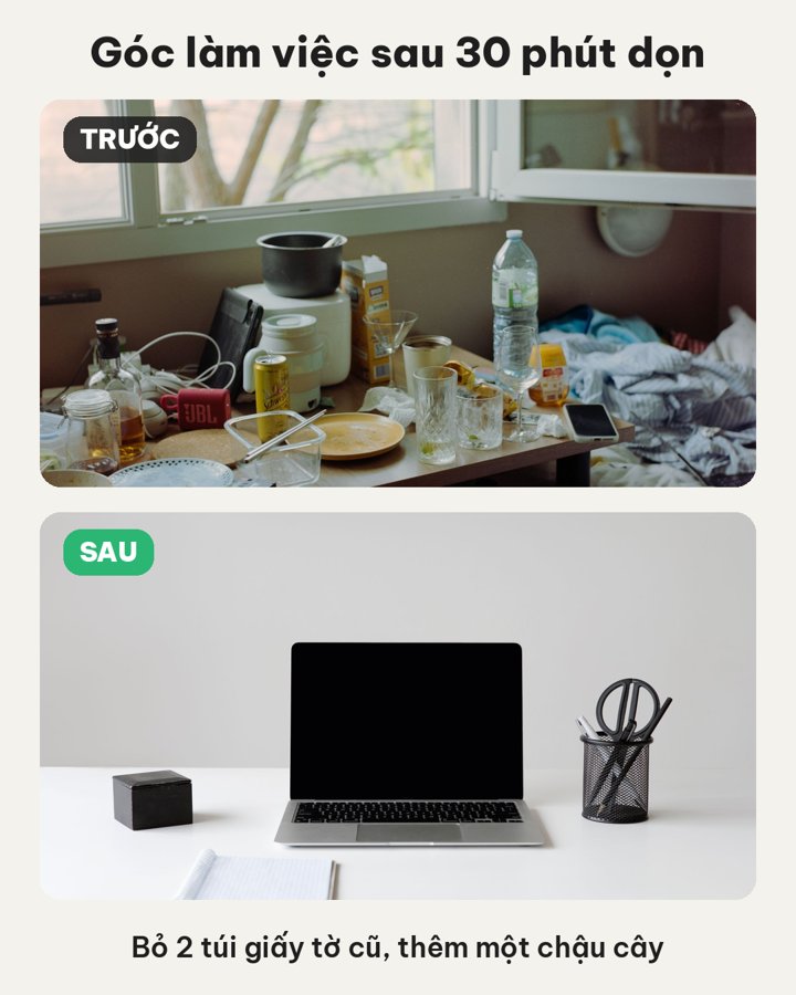 Demo ảnh trước và sau khi dọn góc làm việc