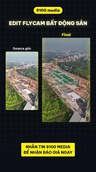 Video trước và sau của 9100 media: flycam gốc bên trái, bản đã edit có chữ 3D và khoanh vùng dự án bên phải